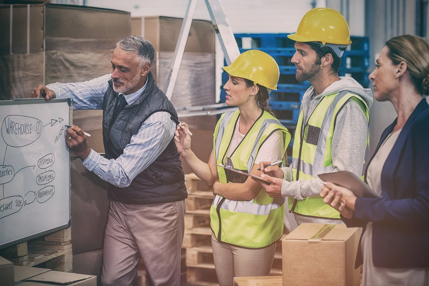 A frontline team leader running a floor huddle with a hi-vis warehouse team